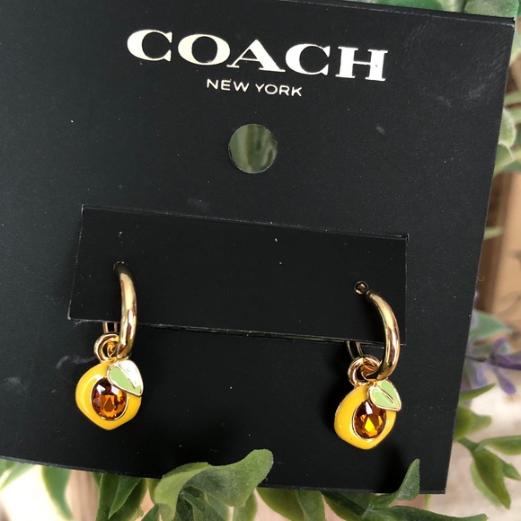 Coach Gold Tone Huggie Hoop Earrings Lemon Charm & Crystal Accent NWT - Picture 15 of 16